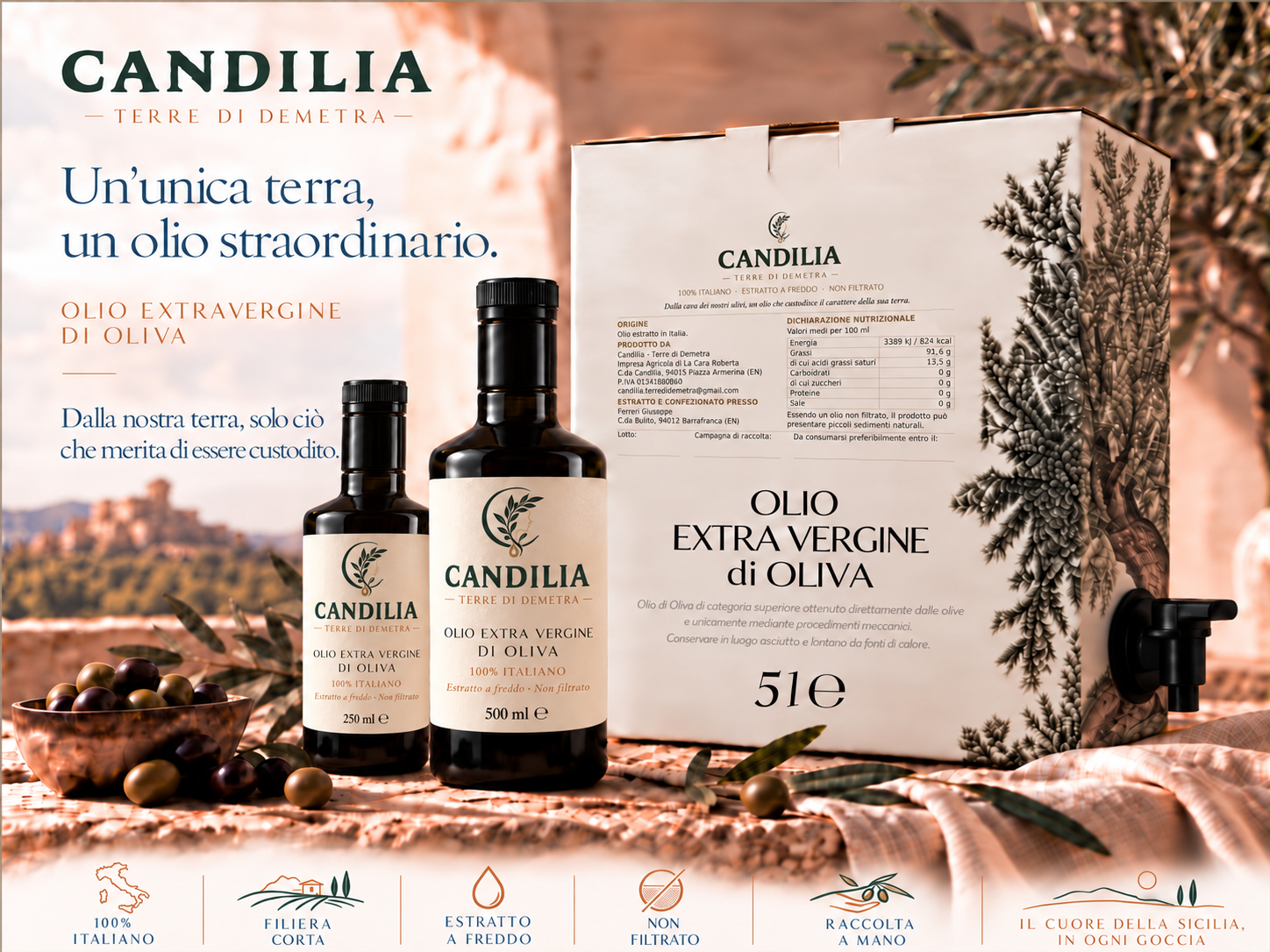 Bottiglie da 250 ml e 500 ml e Bag in Box da 5 L Candilia – Terre di Demetra